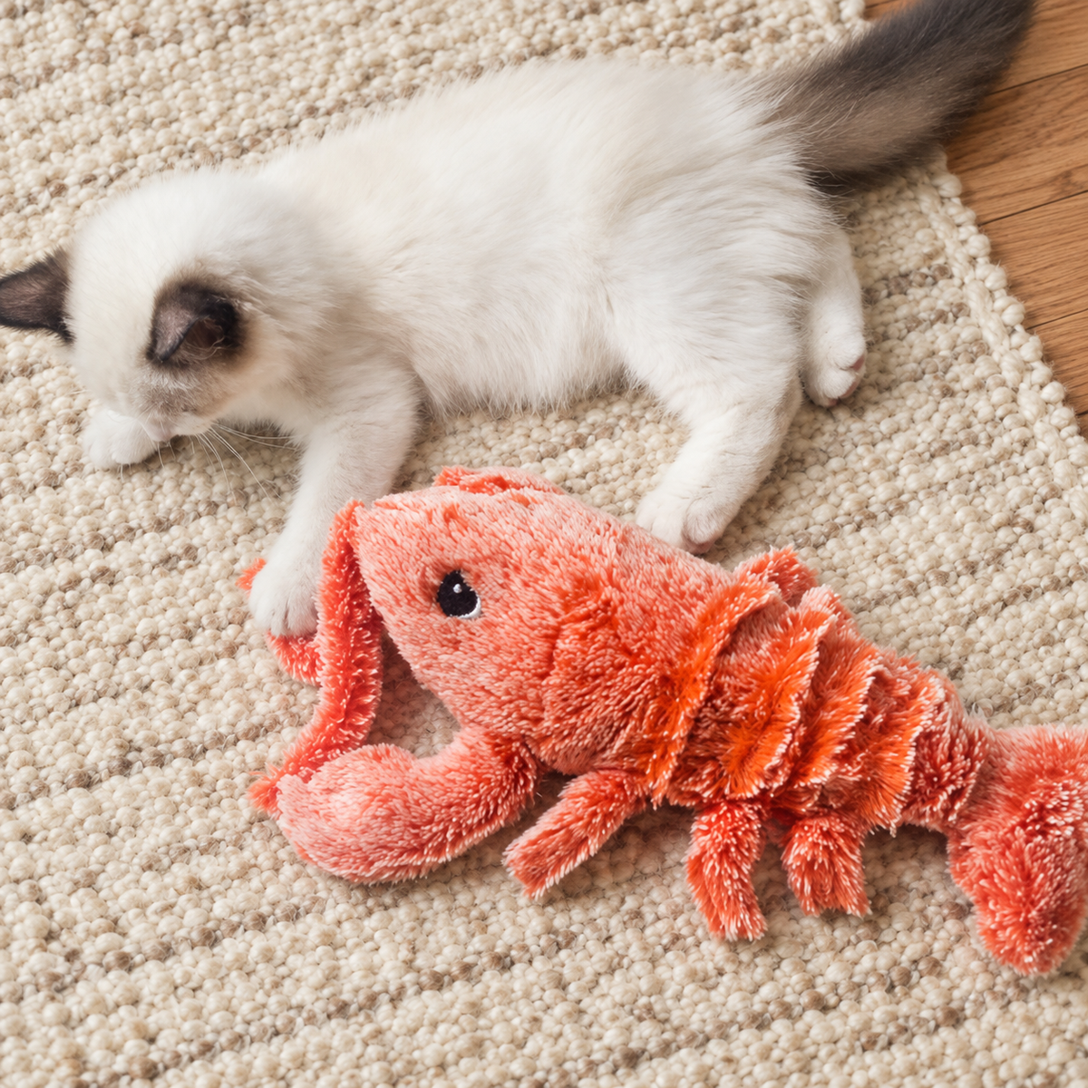 White cat lying on a textured rug with a paw beside the pink Brighty LobsterPop plush lobster cat toy.
