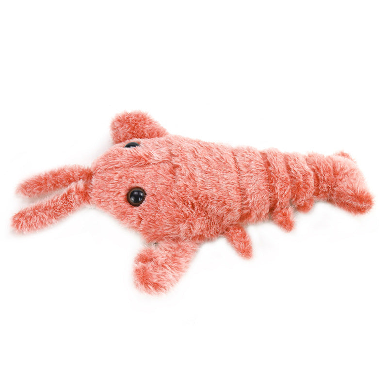 Pink Brighty LobsterPop rechargeable plush lobster cat toy with black eyes, long antennae, claws and a segmented tail on a white background.