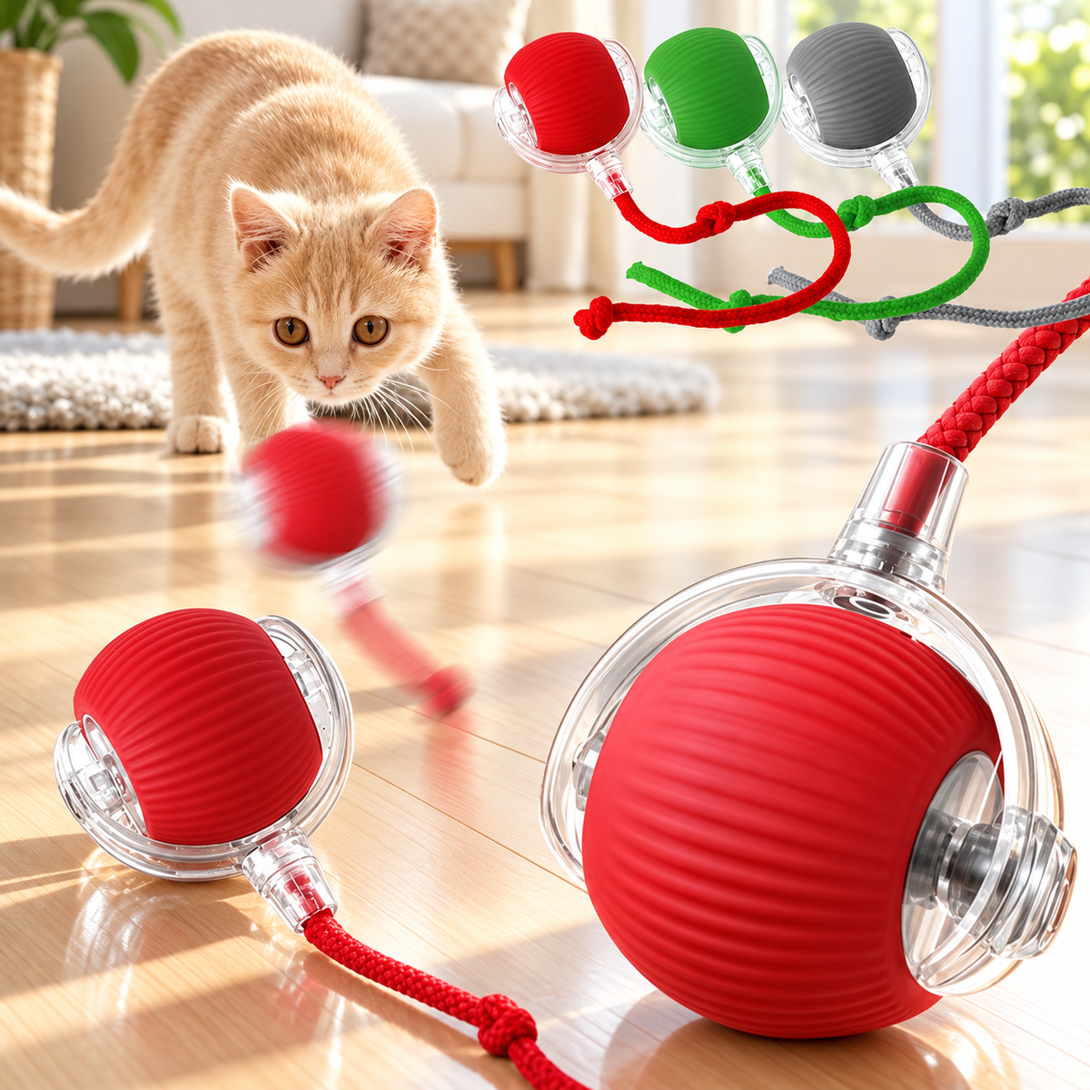Cream-coloured cat chasing a red Brighty MotionBall, with close-ups of its ribbed surface, transparent frame and rope, plus green and grey variants.