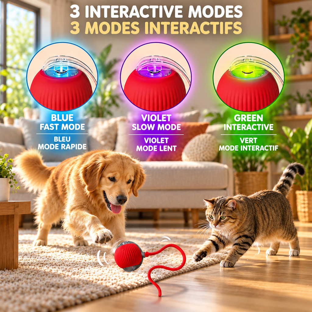 Golden retriever and tabby cat pursuing a red Brighty MotionBall, with indicators showing blue fast mode, violet slow mode and green interactive mode.
