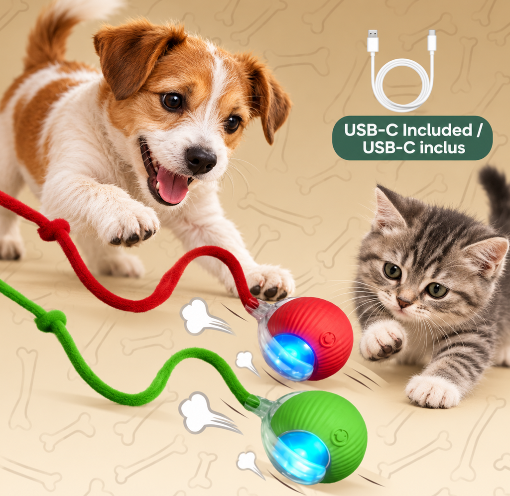 Puppy and kitten playing with red and green Brighty MotionBalls featuring illuminated ends and matching ropes, with the included USB-C charging cable shown above.