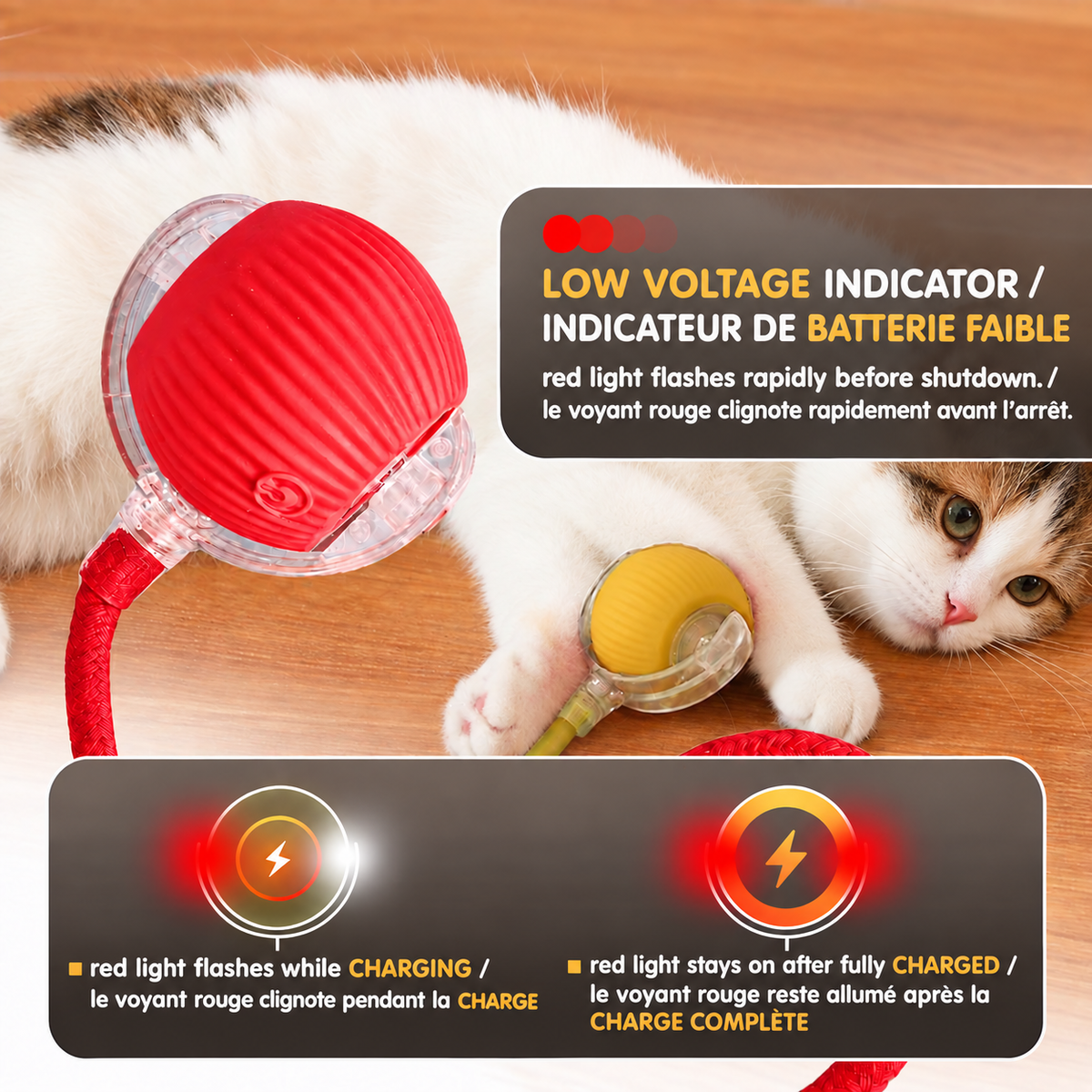 Red Brighty MotionBall close-up beside a cat and yellow ball, with bilingual instructions explaining low-battery alerts and charging indicator lights.