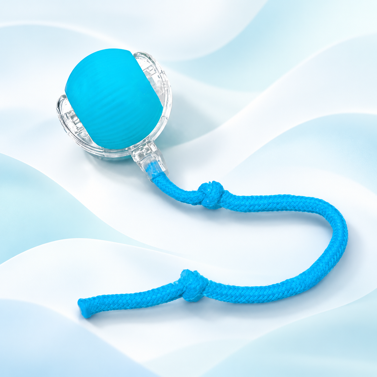 Blue Brighty MotionBall with a ribbed surface, transparent outer frame and matching knotted rope, displayed against a pale blue background.