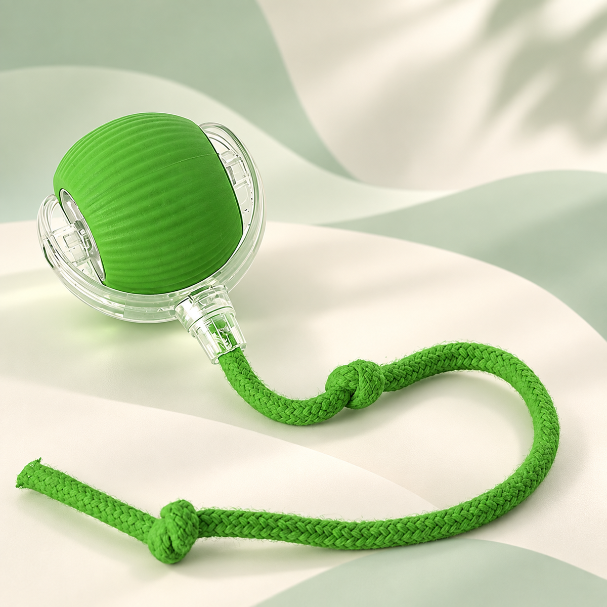 Green Brighty MotionBall with a ribbed surface, transparent outer frame and matching knotted rope, displayed against a pale green background.