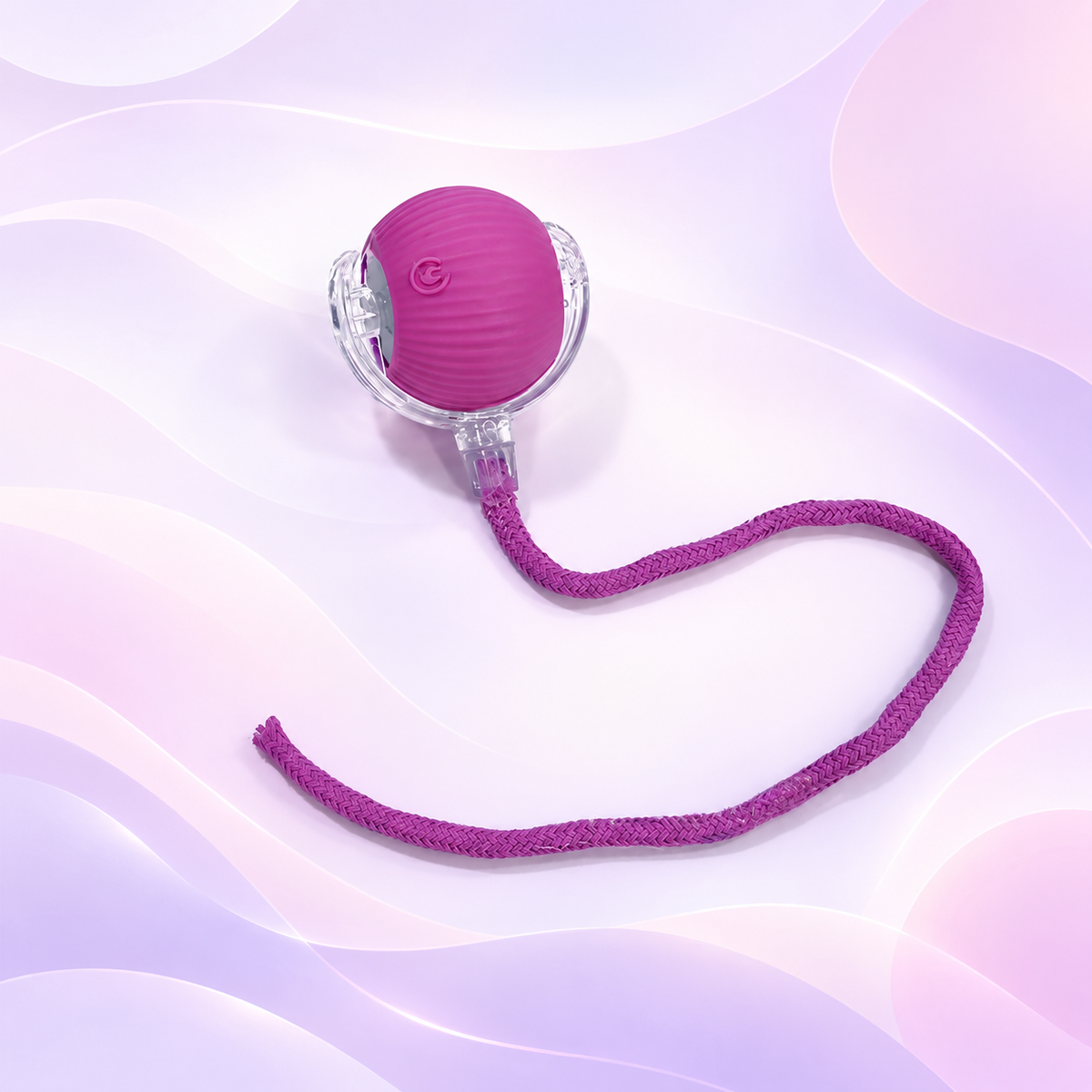 Purple Brighty MotionBall showing its power button, ribbed surface, transparent outer frame and matching rope against a pale purple background.