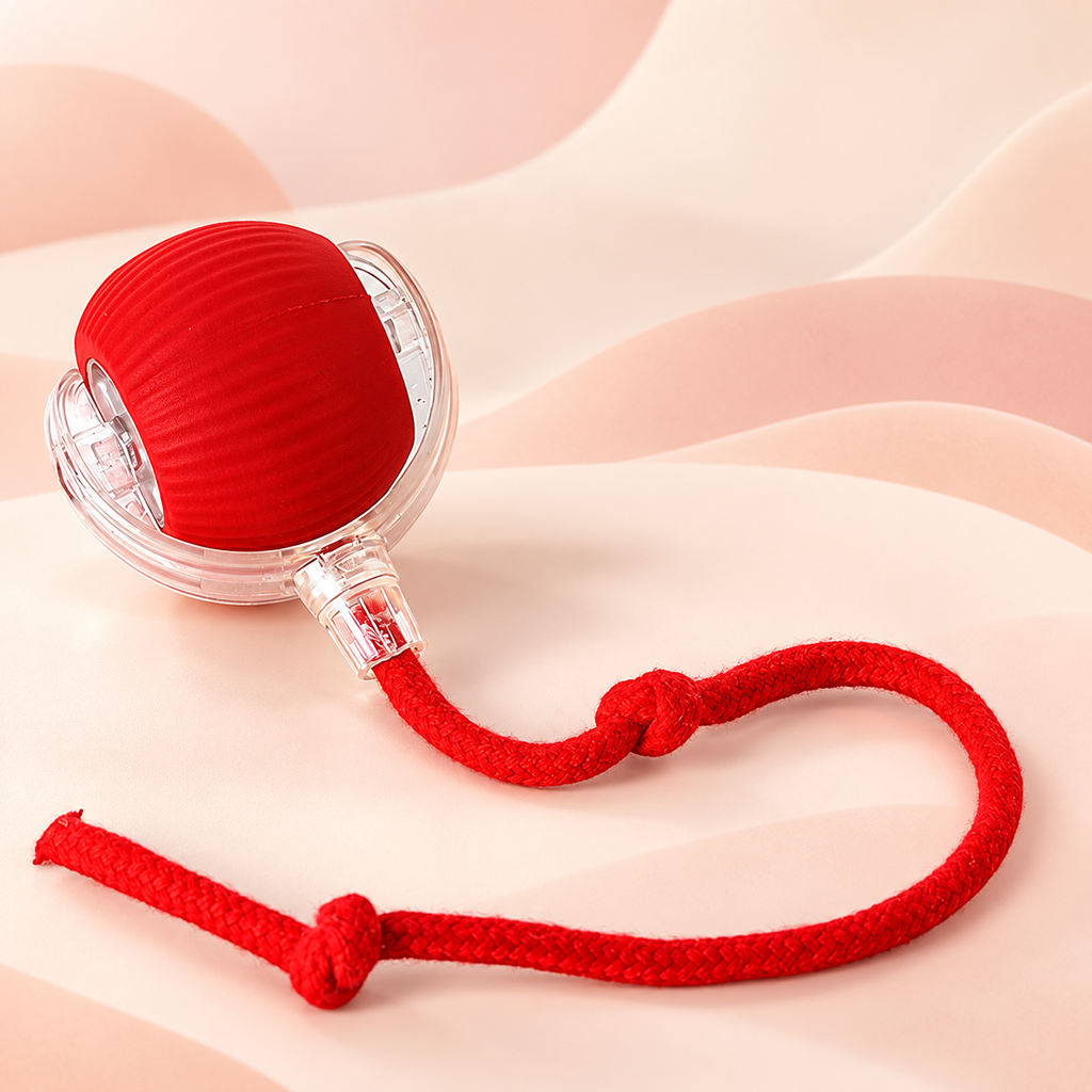 Red Brighty MotionBall with a ribbed surface, transparent outer frame and matching knotted rope, displayed against a soft peach background.