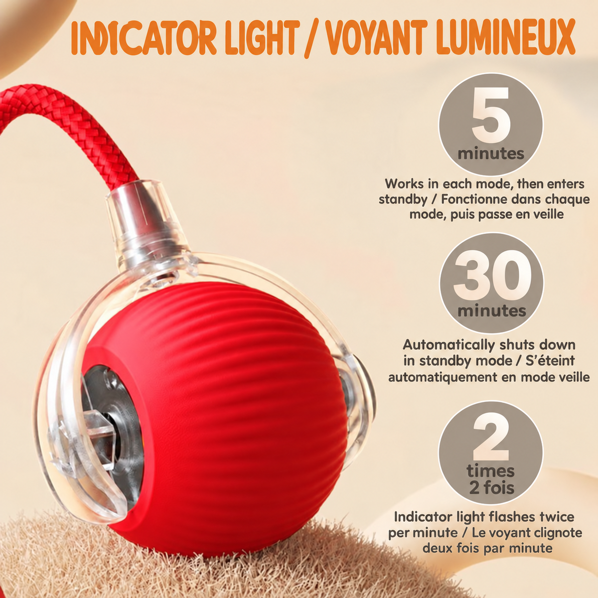Red Brighty MotionBall showing five-minute play cycles, automatic shutdown after 30 minutes in standby and two light flashes per minute.