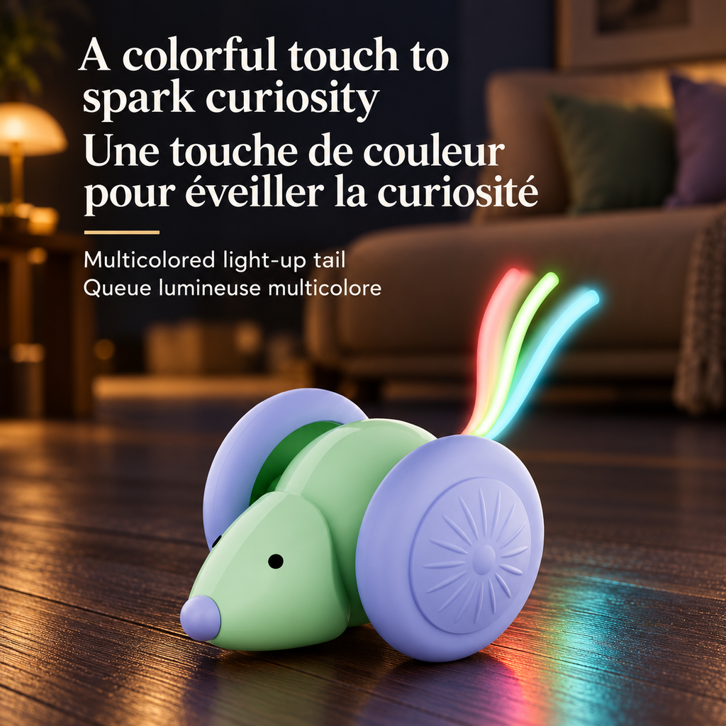 Green Brighty MouseDash with purple wheels on a dark wooden floor, with red, green and blue light trails illustrating its multicoloured light-up tail.