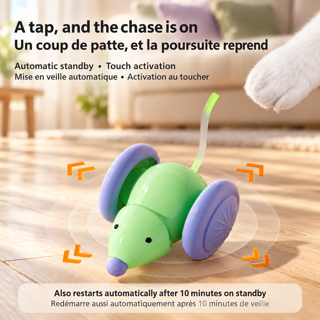 Cat’s paw reaching toward the green Brighty MouseDash, illustrating touch activation, automatic standby and automatic restart after 10 minutes on standby.