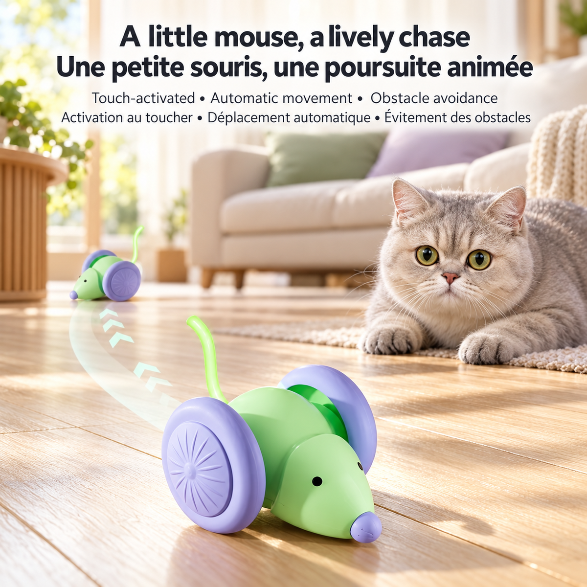 Grey cat watching the green Brighty MouseDash on a wooden floor, with directional arrows illustrating the toy’s automatic movement and glowing tail.