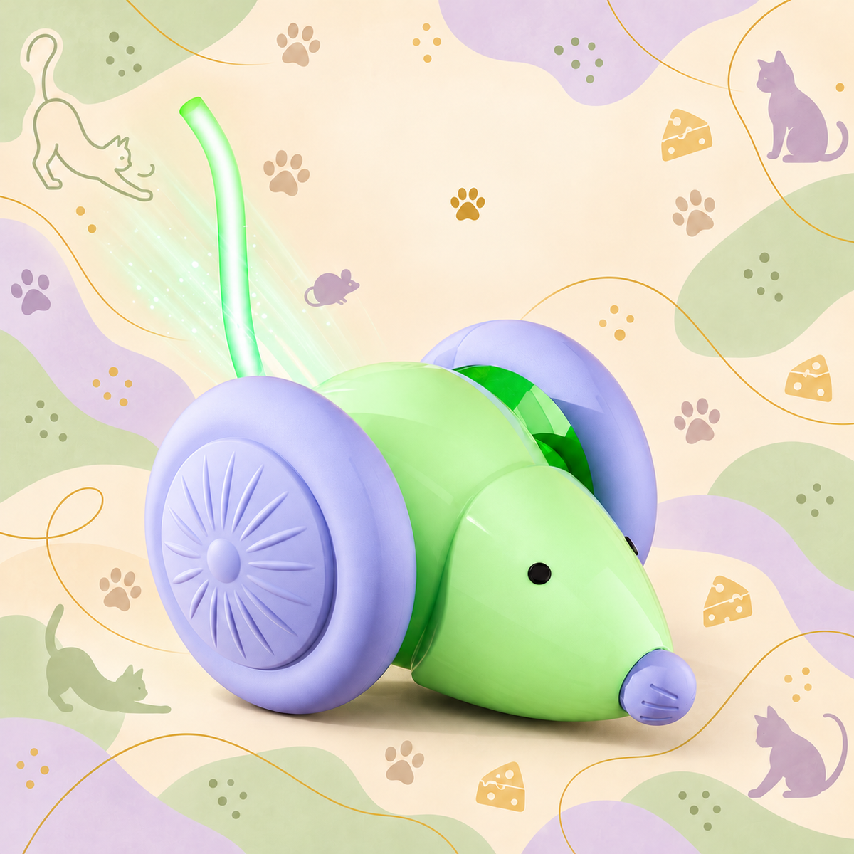 Green Brighty MouseDash with large purple wheels, a matching purple nose and an illuminated tail, displayed against a pastel background with cat and mouse motifs.