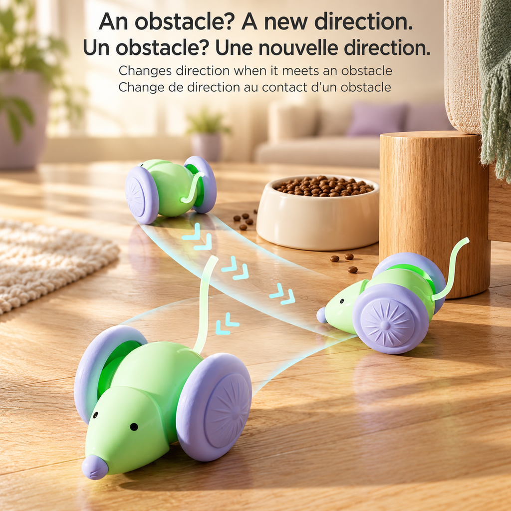 Green Brighty MouseDash shown in successive positions near a furniture leg, with arrows illustrating how it changes direction when it meets an obstacle.