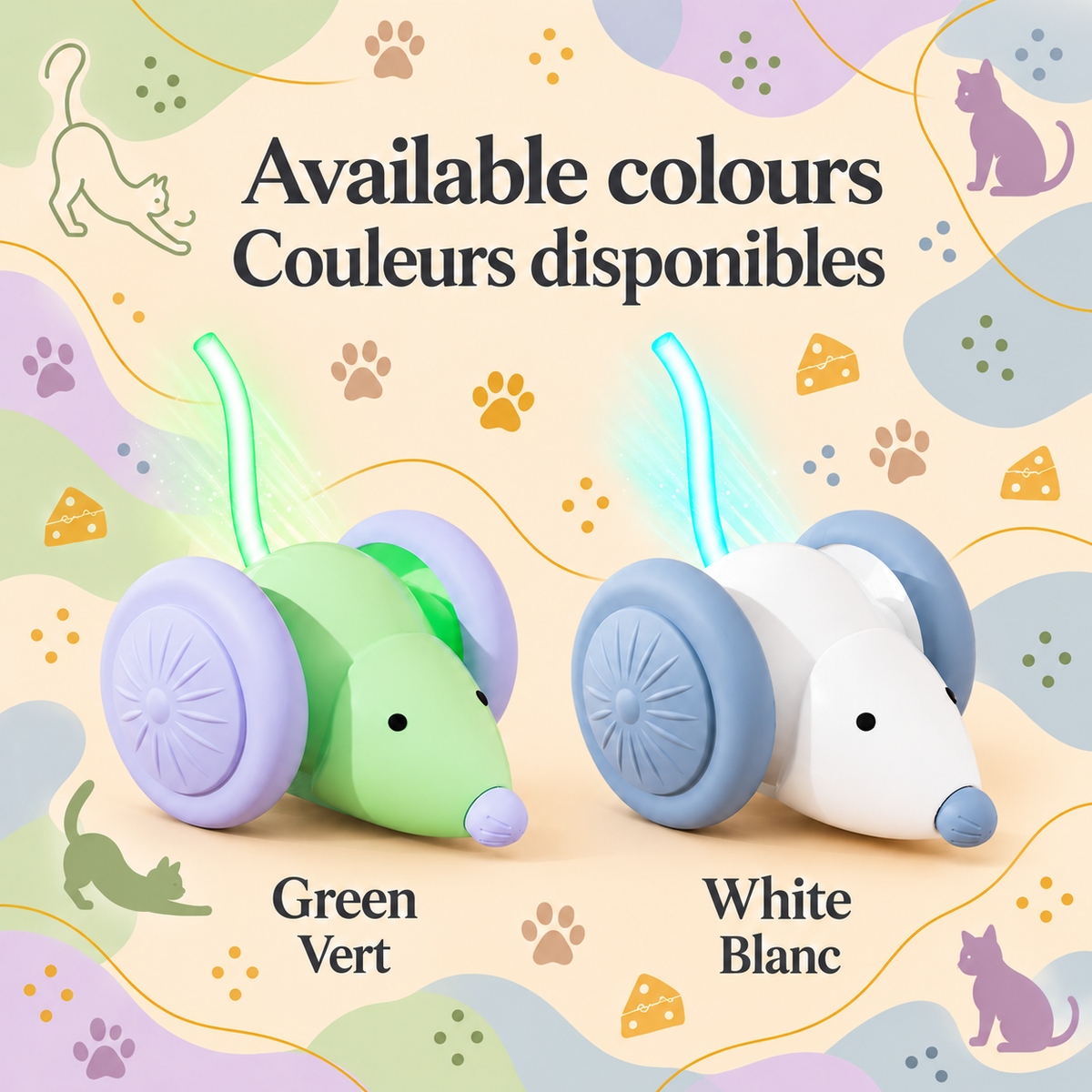Green and white Brighty MouseDash toys displayed side by side, showing their purple and blue-grey wheels, matching noses and illuminated tails.