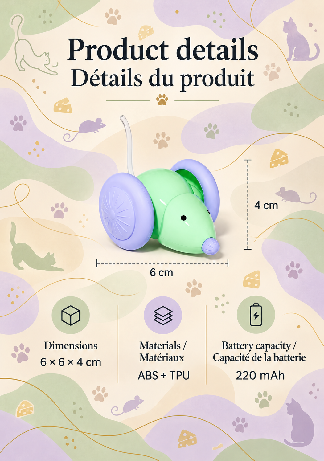 Green Brighty MouseDash with purple wheels, showing its 6 × 6 × 4 cm dimensions, ABS and TPU materials, and 220 mAh rechargeable battery.