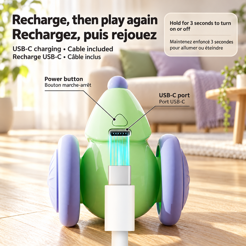 Underside view of the green Brighty MouseDash showing its power button and USB-C charging port, with a cable illustration and three-second on/off instructions.