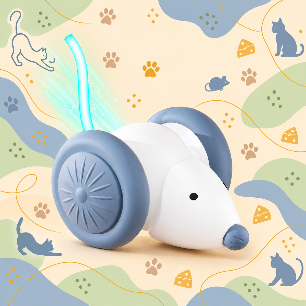 White Brighty MouseDash with large blue-grey wheels, a matching nose and a glowing blue tail, displayed against a pastel background with cat and mouse motifs.