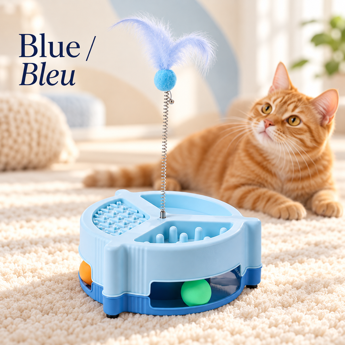 Blue Brighty MunchPlay in front of an orange tabby cat, featuring raised feeding obstacles, a textured licking surface, a ball track and blue feathers on a spring.