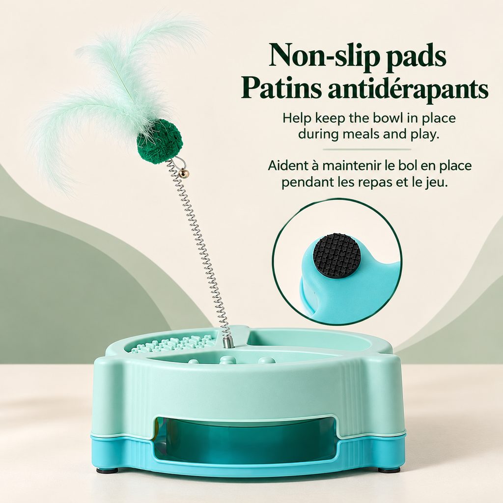 Green Brighty MunchPlay with a spring-mounted feather toy and built-in ball track, alongside a close-up of a textured black non-slip pad beneath the base.