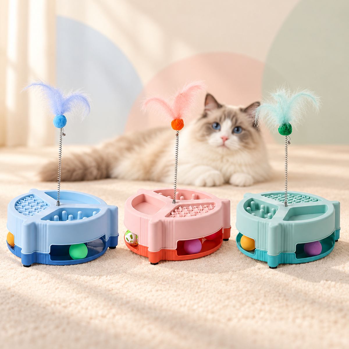 Blue, pink and green Brighty MunchPlay bowls lined up in front of a cat, each with three feeding zones, a built-in ball track and a spring-mounted feather toy.