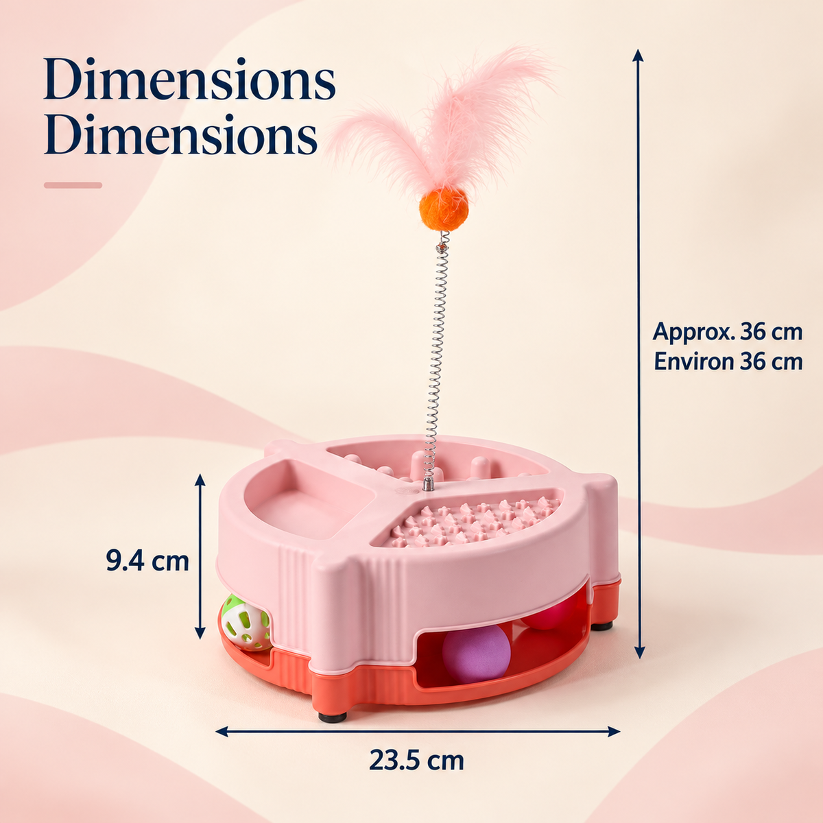 Pink Brighty MunchPlay showing a 23.5 cm diameter, 9.4 cm bowl and base height, and approximately 36 cm total height with the spring-mounted feather toy.