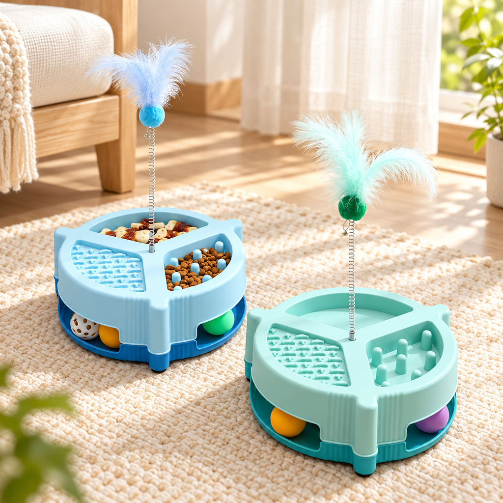 Blue and green Brighty MunchPlay bowls displayed on a cream rug, showing their three feeding zones, colourful ball tracks and spring-mounted feather toys.