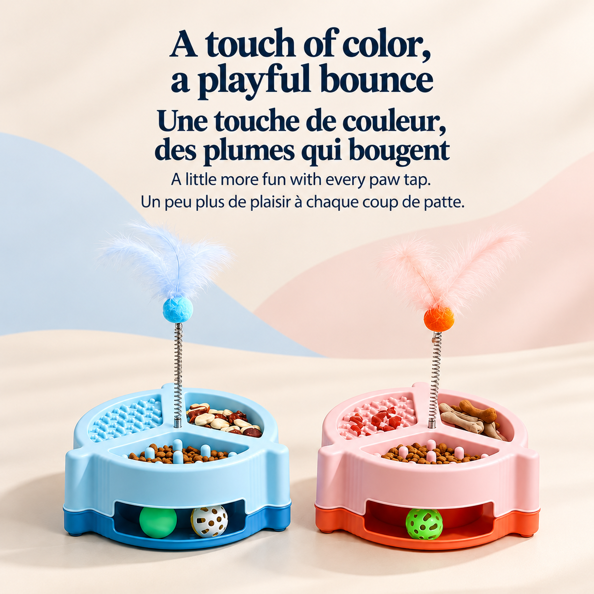 Blue and pink Brighty MunchPlay bowls filled with food and treats, each featuring three feeding zones, a built-in ball track and a spring-mounted feather toy.