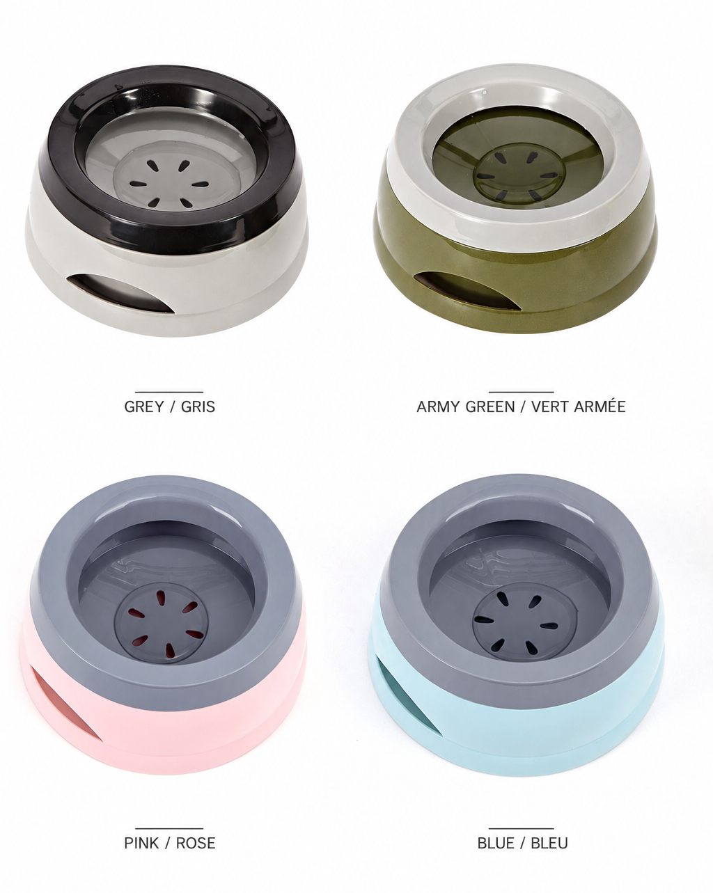 Brighty OnBoard floating water bowls shown in grey, army green, pink and blue, with a removable floating insert.