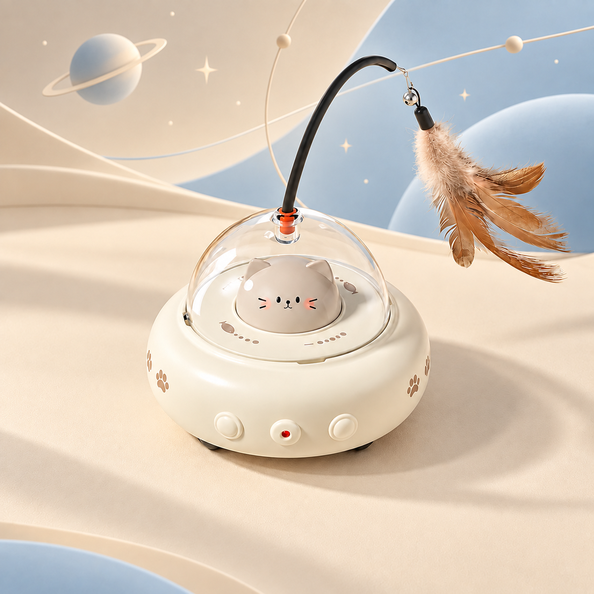 Milky Coffee Brighty OrbitPlay showing its clear dome, cat-shaped centre, paw-print details and curved feather wand against a cream and blue space background.