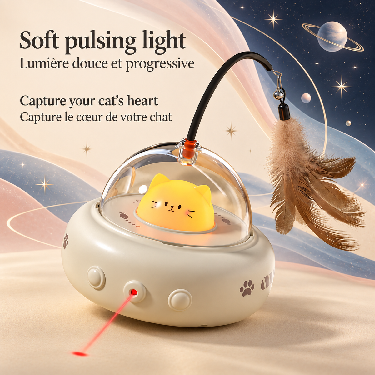 Milky Coffee Brighty OrbitPlay with a glowing yellow cat-shaped centre beneath its clear dome, a feather teaser and an illustrated red laser spot.