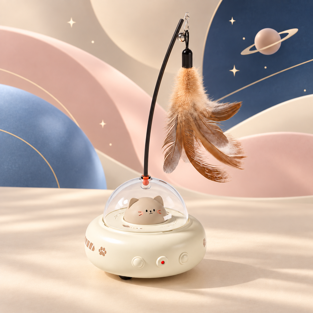 Full view of the Milky Coffee Brighty OrbitPlay with its rounded base, transparent dome, tall black wand, bell and dangling brown feathers.