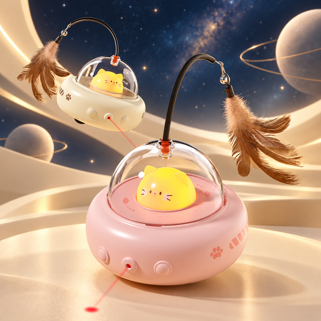 Pink Powder and Milky Coffee Brighty OrbitPlay toys with glowing yellow cat-shaped centres, feather wands and red laser spots against a starry space background.