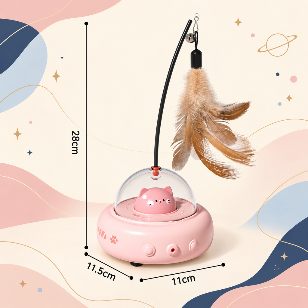 Powder pink Brighty OrbitPlay with a feather wand, showing an overall height of 28 cm and base measurements of 11.5 cm by 11 cm.