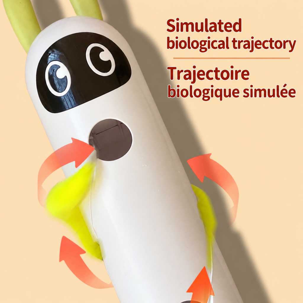 Close-up of the white rabbit-shaped Brighty Peekaboo, with arrows illustrating the yellow-green tail moving around its openings.
