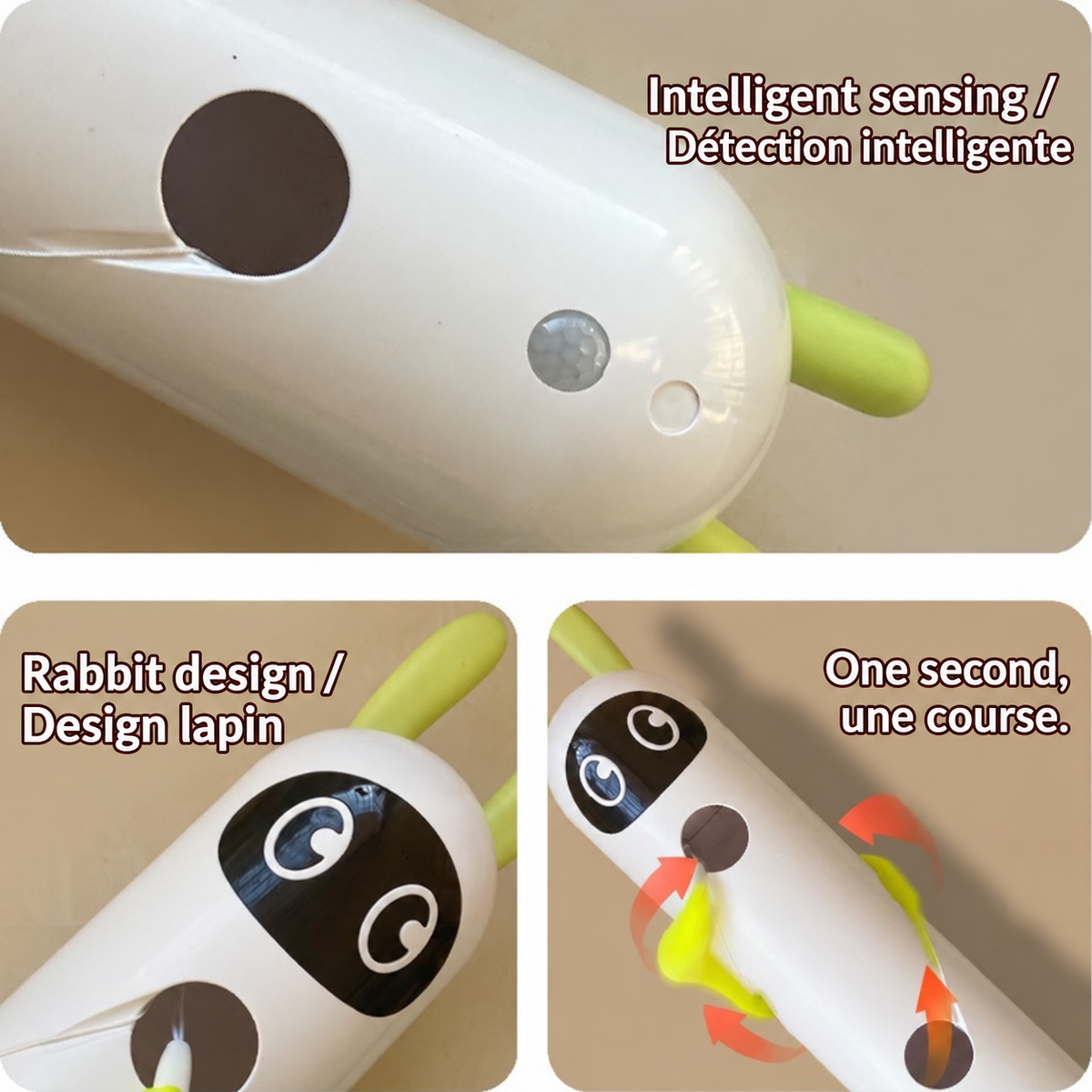 Detailed views of the Brighty Peekaboo showing its sensor, rabbit-shaped face and yellow-green tail, with arrows illustrating the tail’s movement.