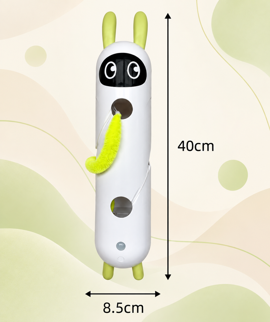 Front view of the white and green Brighty Peekaboo showing its moving tail and dimensions of 40 cm high by 8.5 cm wide.