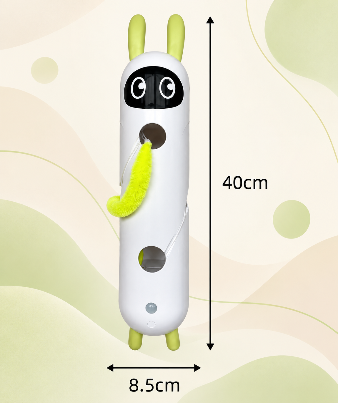 Front view of the white and green Brighty Peekaboo showing its moving tail and dimensions of 40 cm high by 8.5 cm wide.