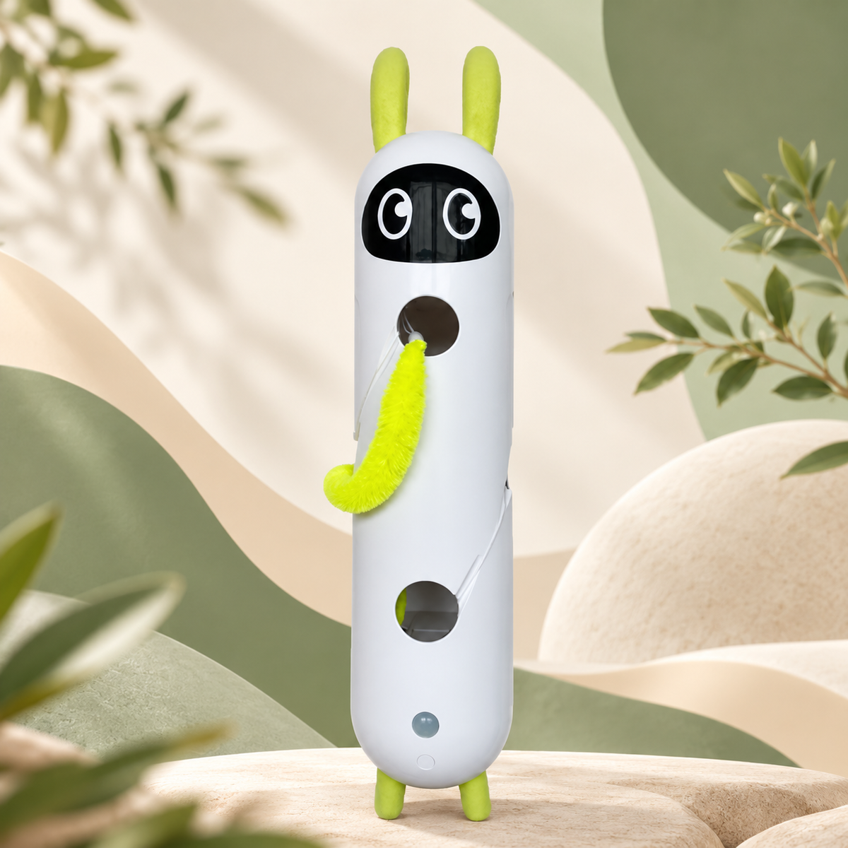 White rabbit-shaped Brighty Peekaboo with green ears and feet, a yellow-green tail and two front openings, displayed against a botanical background.