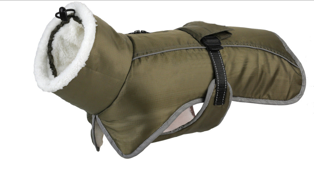 Green PolarWarm coat with a soft fleece-lined collar, reflective piping and adjustable belly strap.