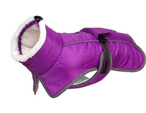Purple PolarWarm winter coat shown from the side, with a fleece-lined collar and reflective trim.