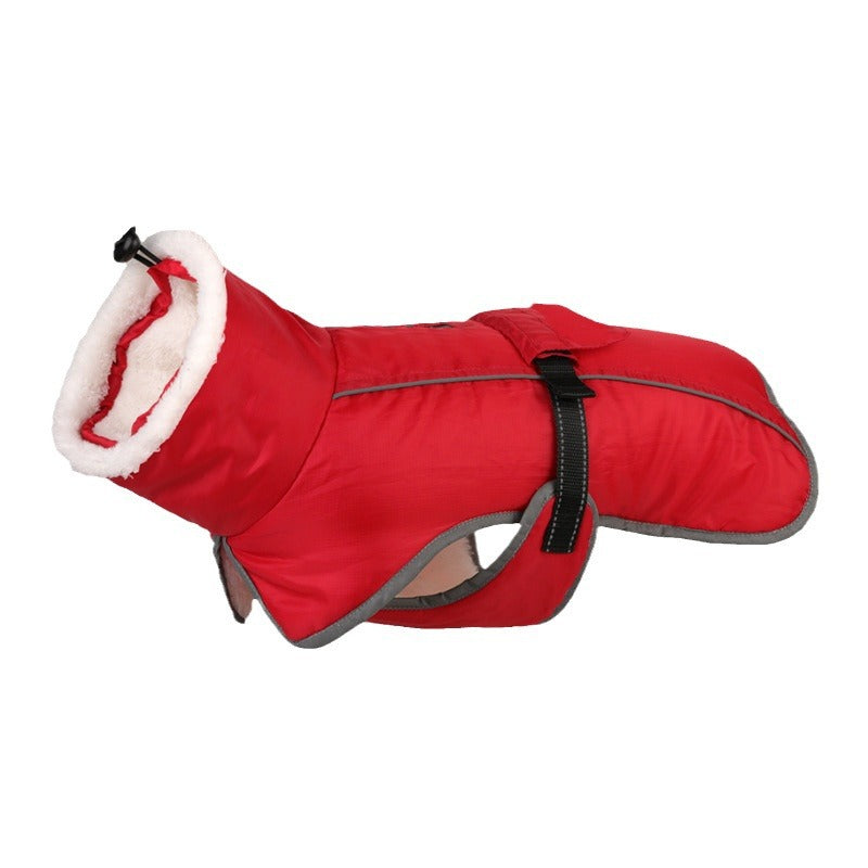 Red PolarWarm dog coat with a fleece-lined collar, reflective trim and adjustable fit.