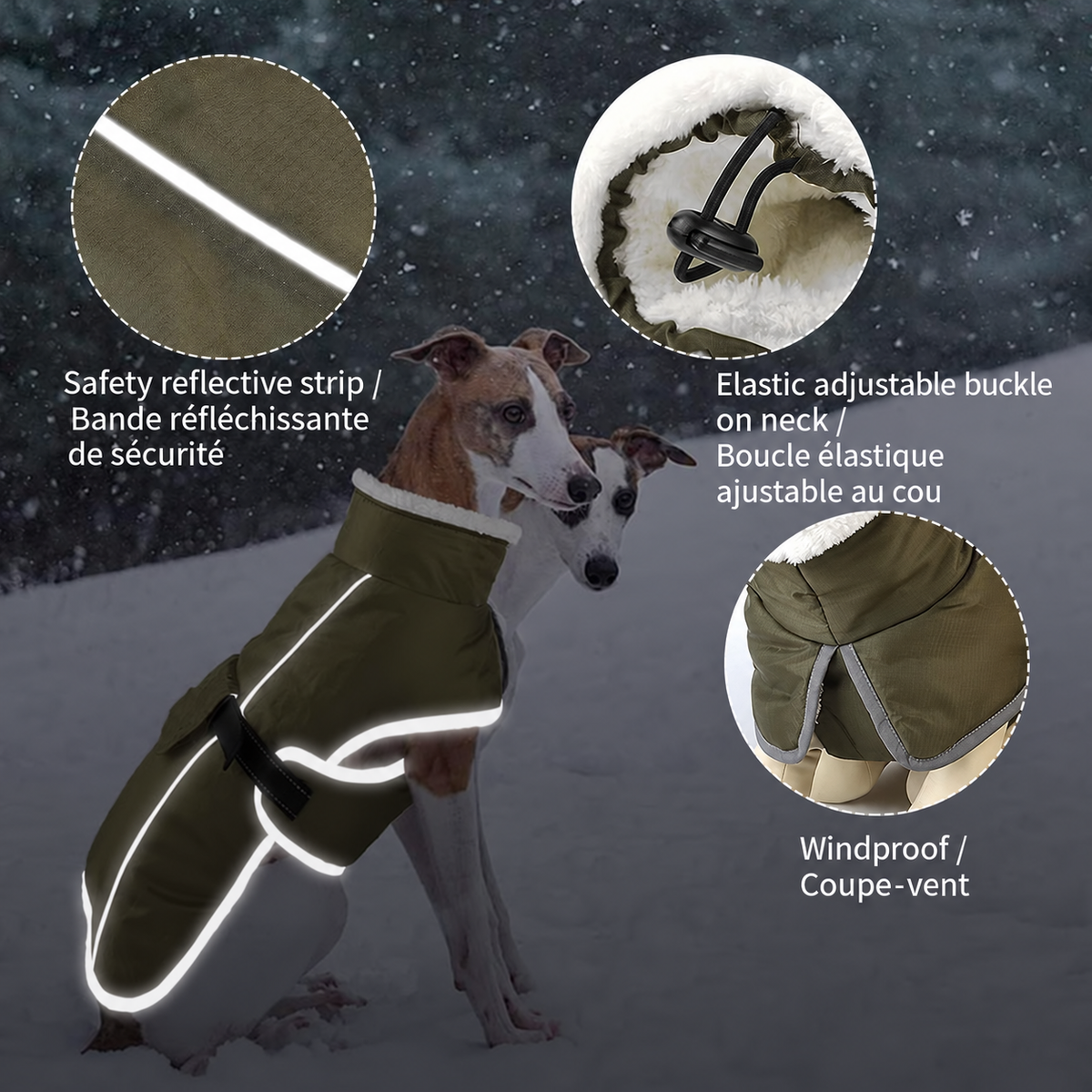 A dog wears the green PolarWarm coat, highlighting its reflective strips, adjustable collar and windproof outer layer.