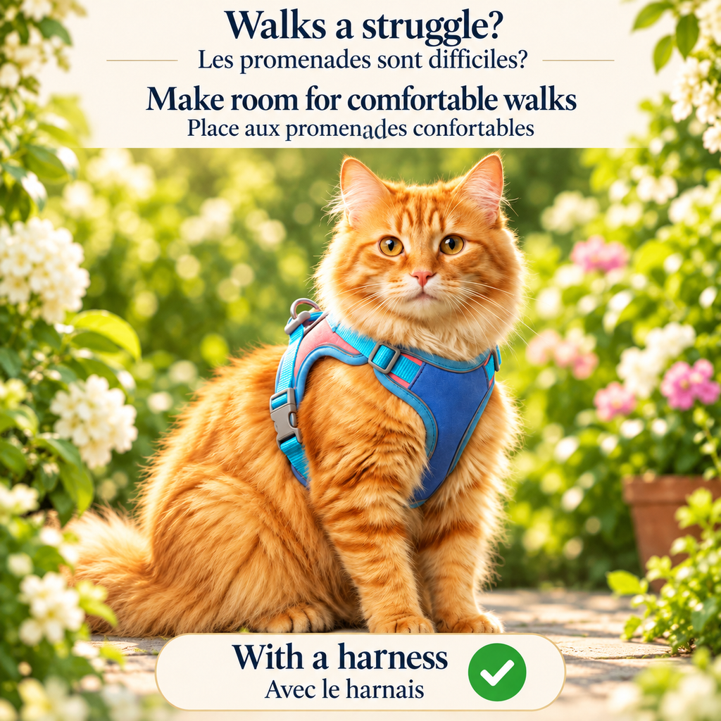 Orange long-haired cat sitting on a garden path in the blue Brighty PurrWalk harness, showing its chest panel, adjustable straps and buckle closure.