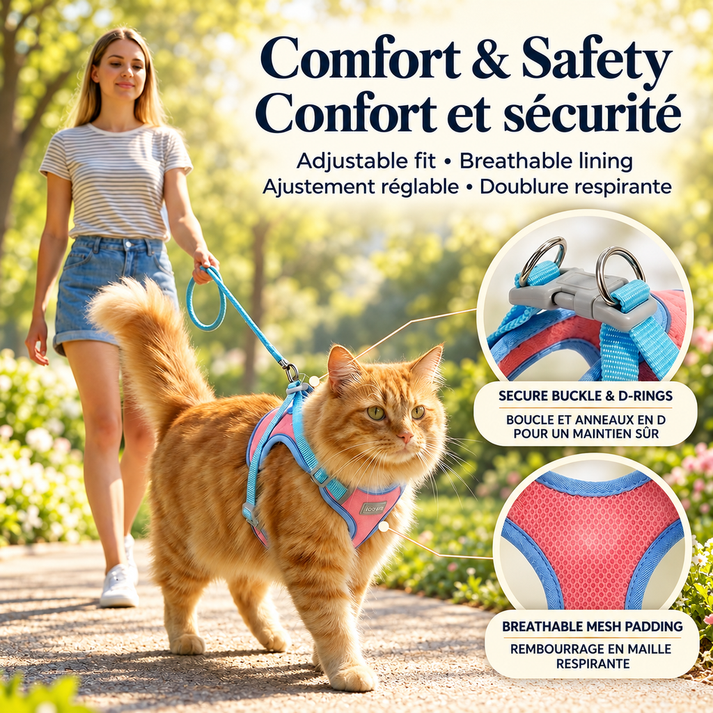 Orange cat walking with its owner in the blue Brighty PurrWalk harness, with close-ups of the buckle, twin D-rings and pink breathable mesh lining.