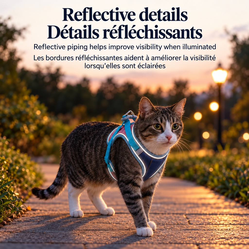 Tabby-and-white cat wearing the blue Brighty PurrWalk harness on a path at dusk, with illuminated reflective piping outlining the chest and sides.