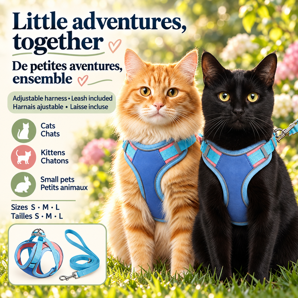 Orange and black cats wearing blue Brighty PurrWalk harnesses in a garden, with an inset showing the matching harness and leash set and available sizes S, M and L.