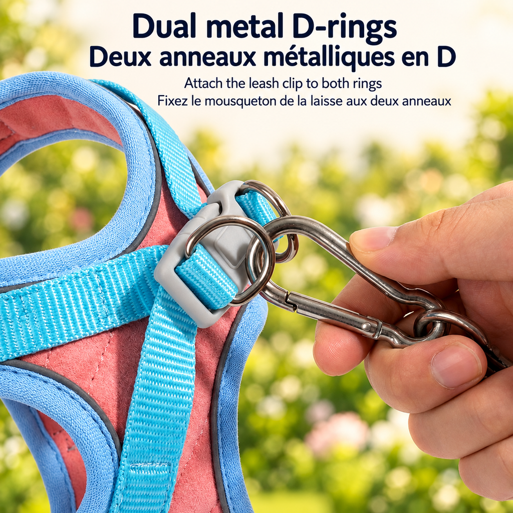 Close-up of a hand attaching a metal leash clip to both D-rings on the blue Brighty PurrWalk harness, beside its grey buckle and blue straps.