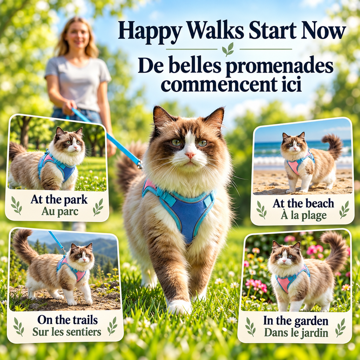Cat wearing the blue Brighty PurrWalk harness on a walk with its owner, surrounded by inset photos showing outings at the park, beach, trails and garden.