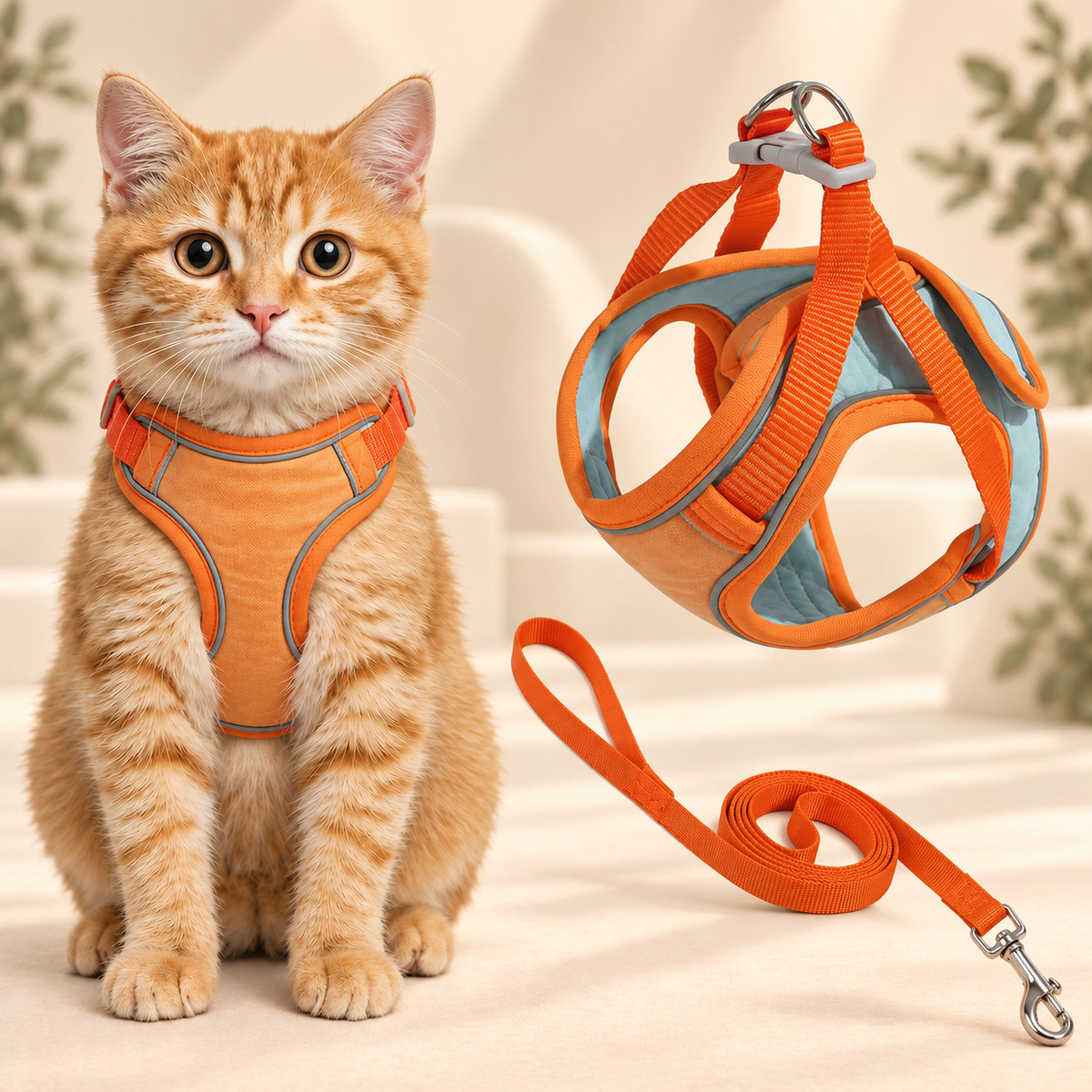 Orange tabby cat wearing the orange Brighty PurrWalk harness, alongside a close-up of its grey-blue lining, adjustable straps, twin metal rings and matching orange leash.