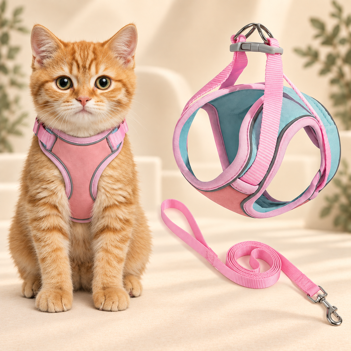 Orange tabby cat wearing the pink Brighty PurrWalk harness, alongside a close-up of its teal lining, adjustable pink straps, buckle closure and matching pink leash.