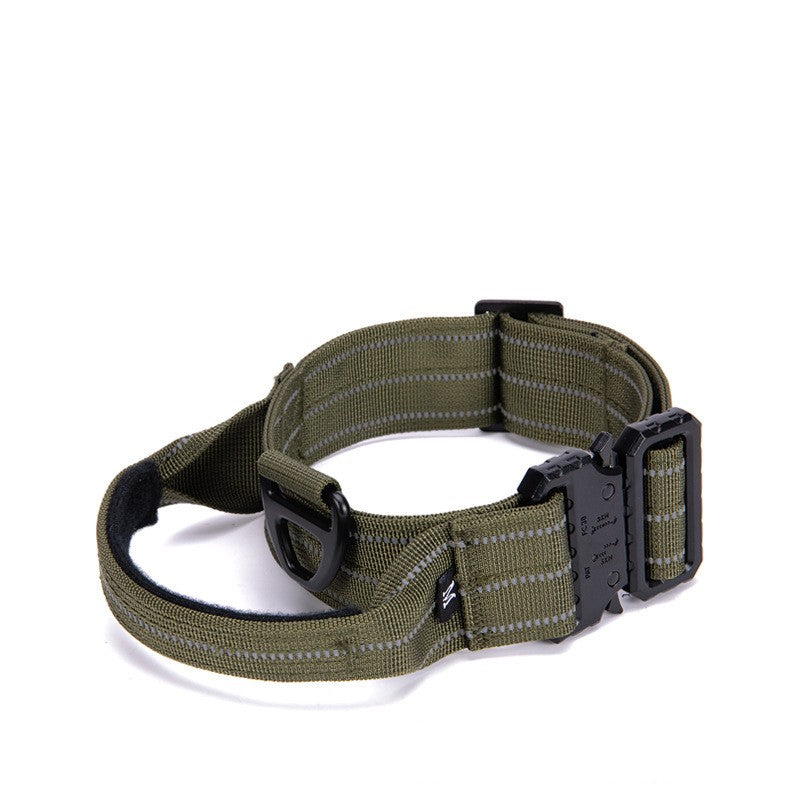 Army green Brighty QuickRelease reflective dog collar with integrated control handle, reflective stitching and quick-release buckle for everyday walks.